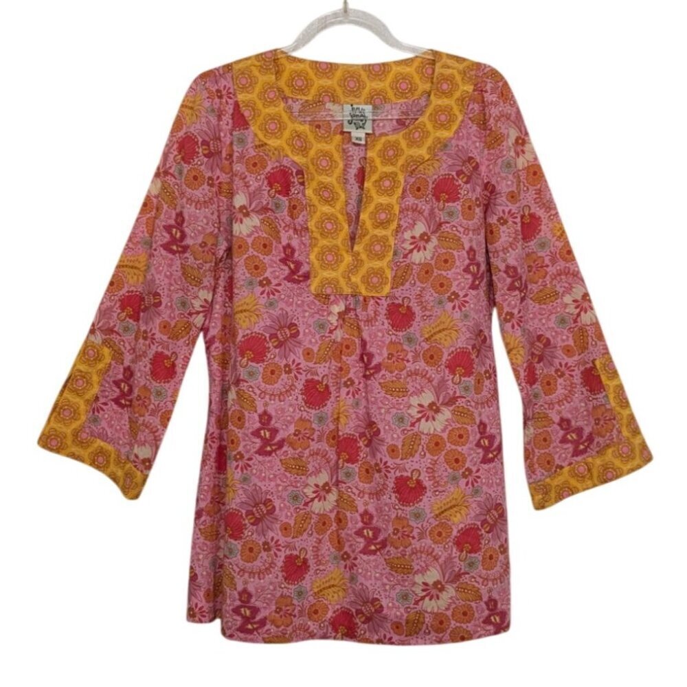 Ivy Jane Floral Shirt Womens Size XS Pink Orange Boho 3/4 Sleeves Oversized